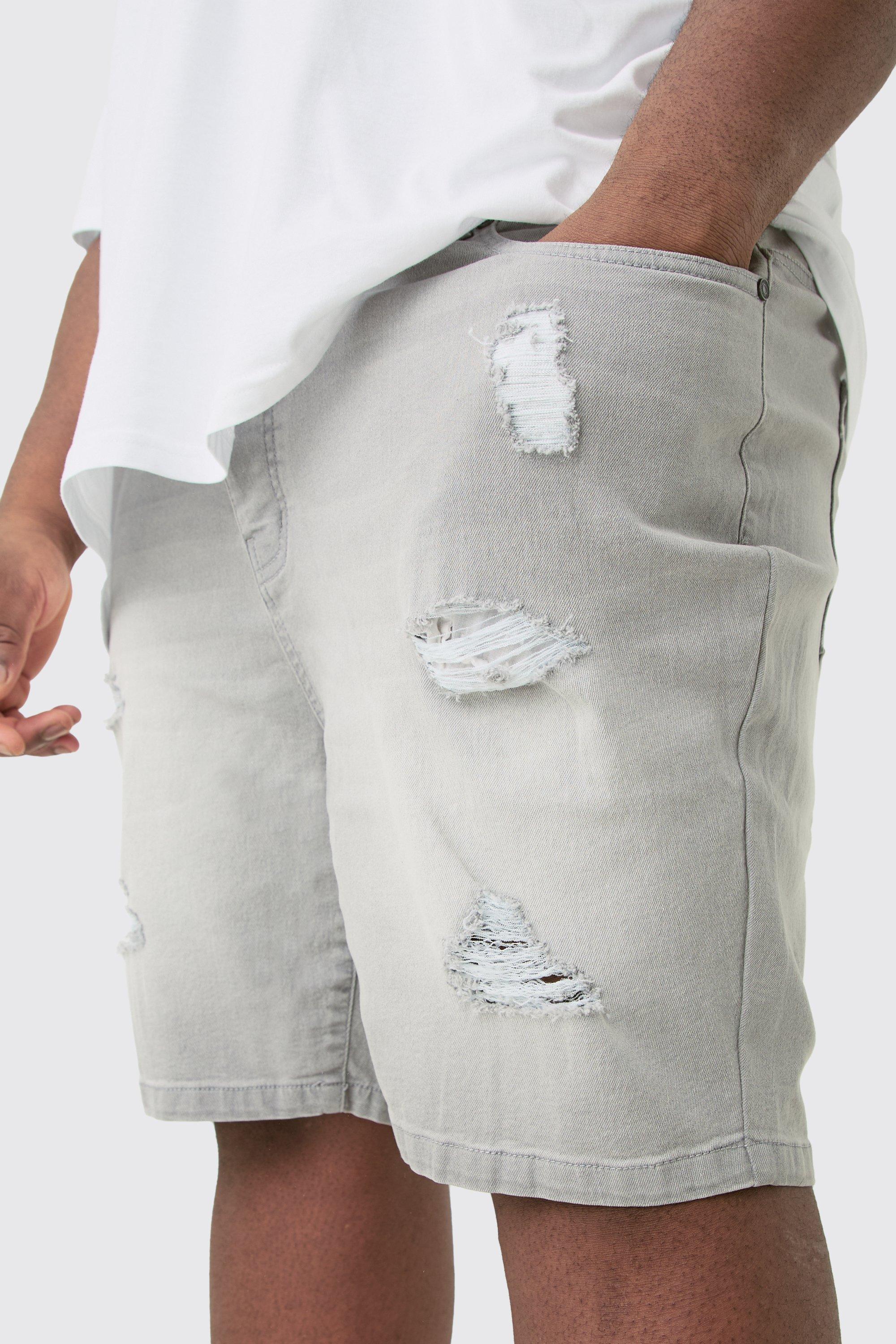 Plus Stretch Denim Distressed Skinny Fit Shorts In Light Grey